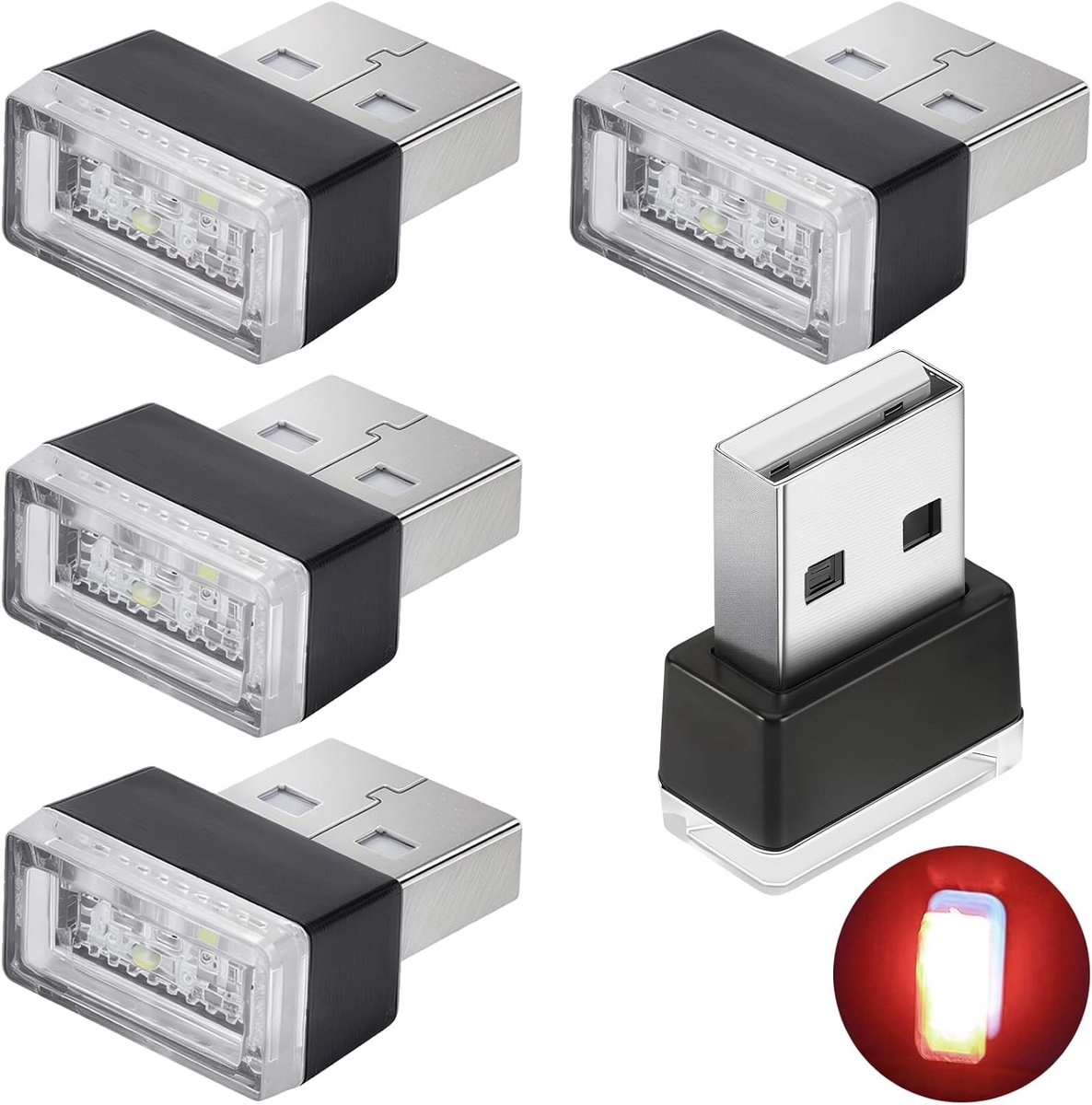 Auto-USB-verlichting, mini USB-licht, omgevingslicht, stroomvoorziening via laptop mobiele telefoon (5 stuks, rood)