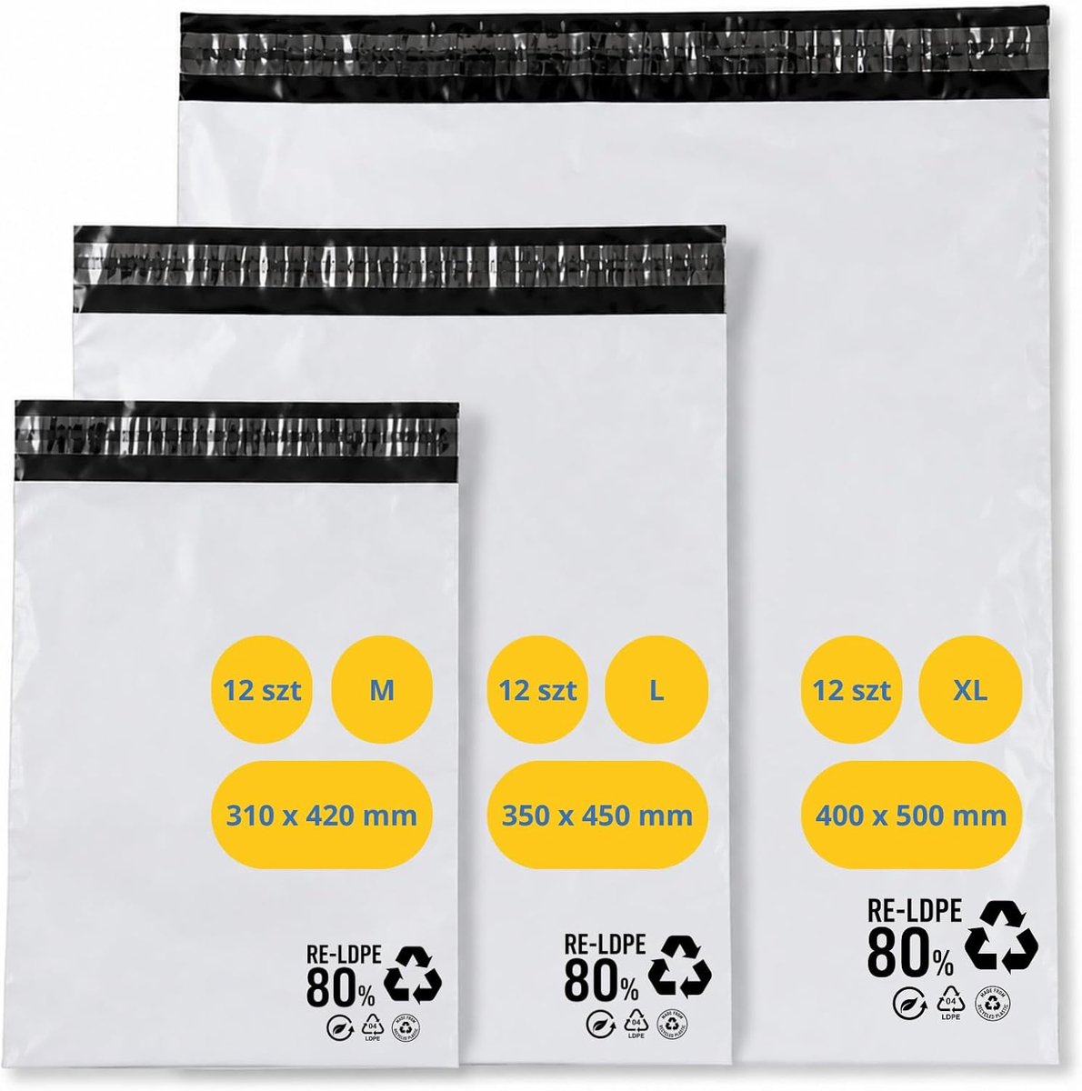 Verzendtassen 36 stuks mix 3 maten, M - 310 x 420, L - 350 x 450, XL - 400 x 500 mm, zelfklevende ondoorzichtige LDPE verzendzakken voor kleding, goederen en online handel