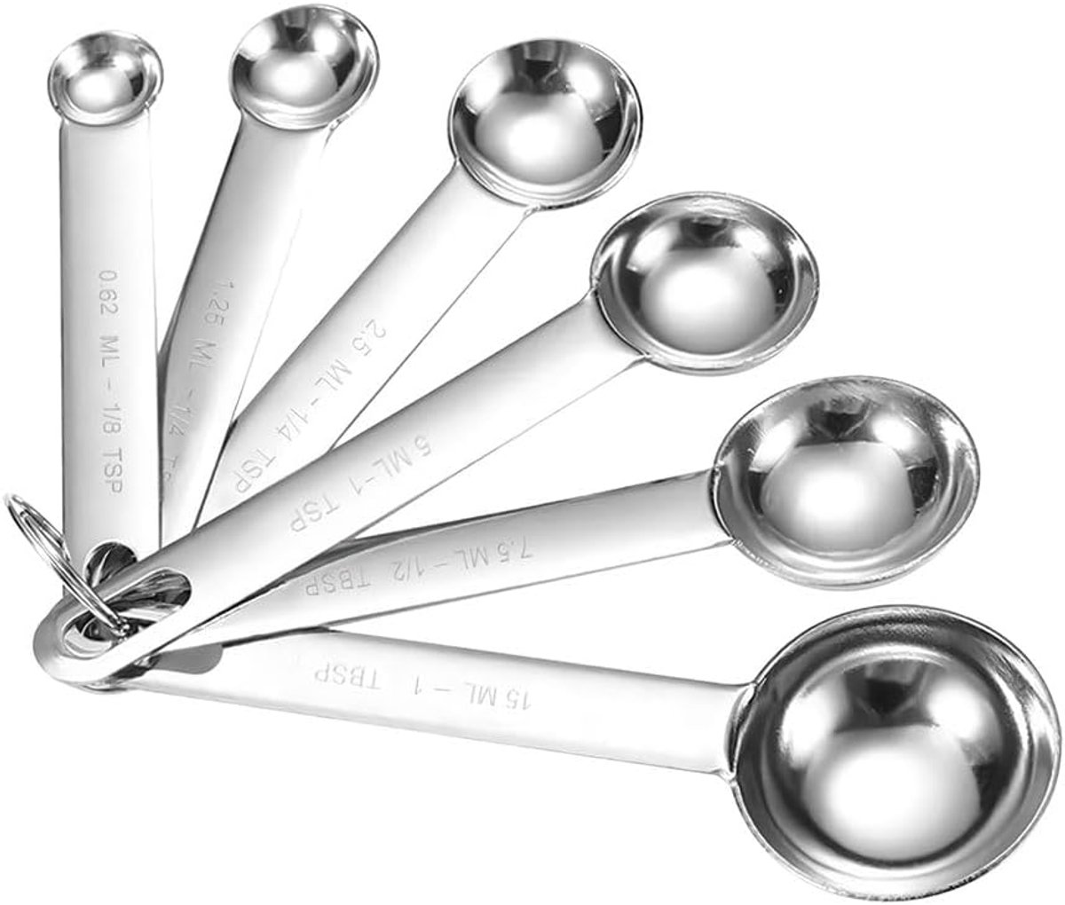 Maatlepelset, 6 stuks roestvrijstalen metalen maatlepels, kruidenlepel, eetlepel, doseerlepel voor kleine droge rantsoenen, vloeistoffen, bakmessen, vaste stoffen