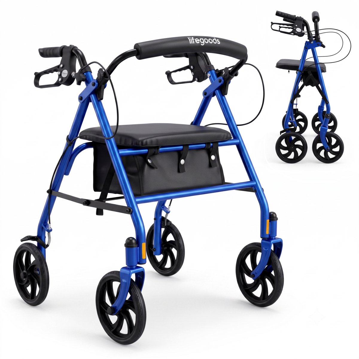 LifeGoods Basic Rollator Lichtgewicht en Opvouwbaar (8,7KG) - Met Zitje en Rugsteun – Voor Binnen en Buiten – Verstelbare Hoogte - Tot 136KG Draagkracht – Blauw