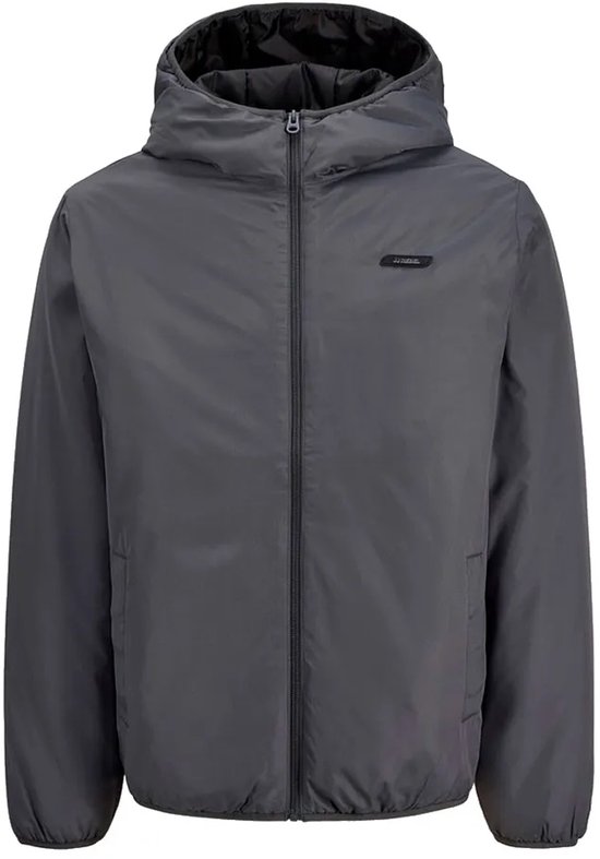 Grijze JJ REBEL jas met capuchon en rits. Op de borst een klein zwart logo.