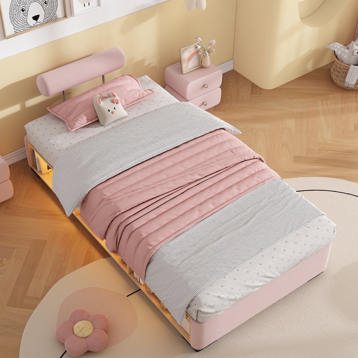 Kinderbed 90x200 cm - met LED-verlichting en zijboekenkast - open opbergruimte - verstelbare rugleuning - roze
