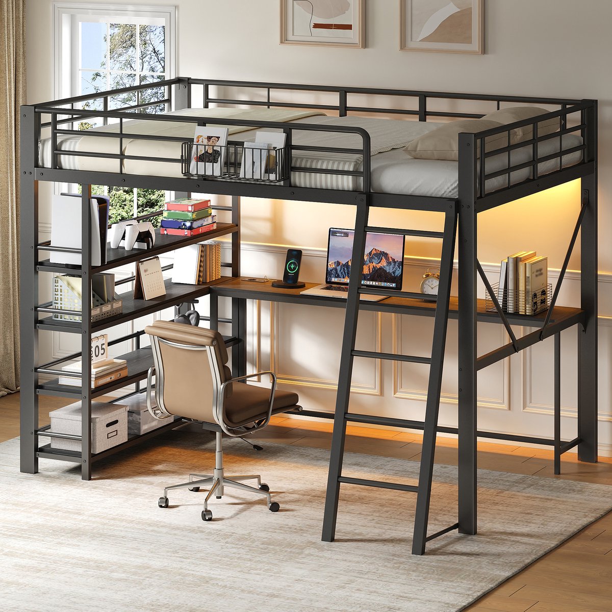 Hoogslaper 140 x 200 cm - met geïntegreerd bureau - opbergmand - opbergruimte - USB-oplaadstation en LED-verlichting - zwart