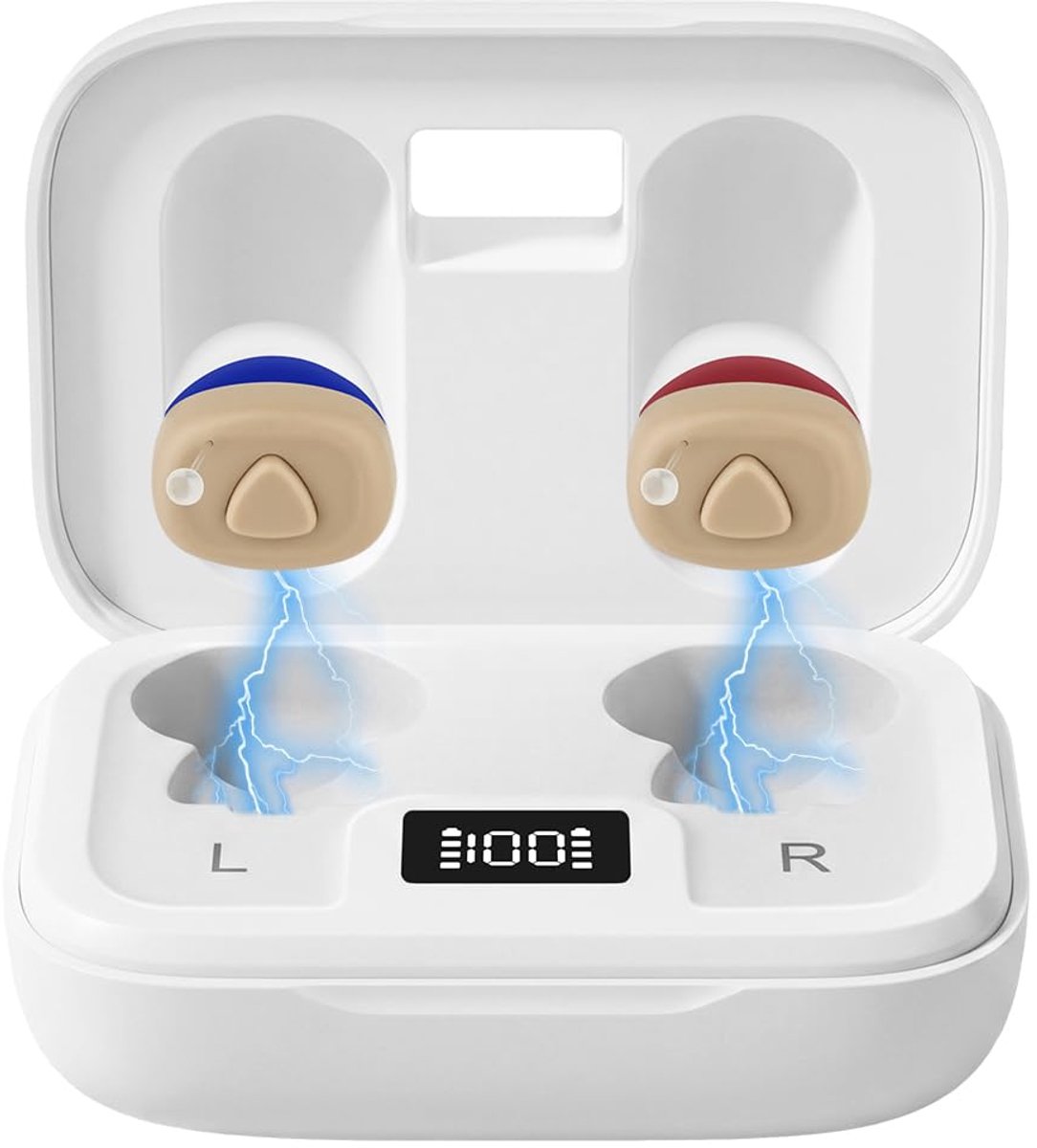 Oplaadbaar apparaat, USB-laadstation, opbergdoos, ergonomische pasvorm, draadloze hoofdtelefoon, rood, blauw, 1 paar - wit