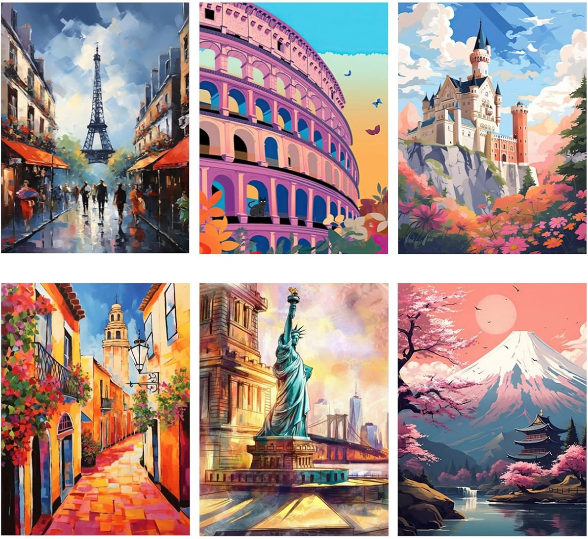SnelShoppen - 6 stuks schilderen op nummer nationale landschappen voor volwassenen en kinderen, digitaal toeristisch schilderen met penselen en acrylv