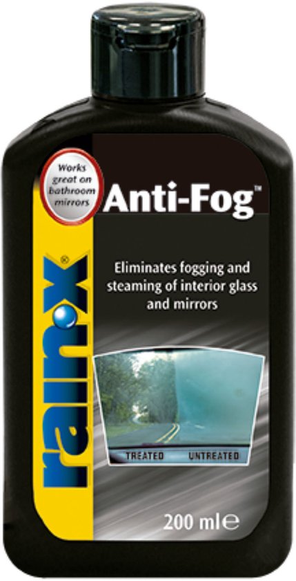 Zwarte fles Rain-X Anti-Fog 200ml. Met gele strip met logo en tekst. Toont een afbeelding van een beslagen autoruit naast een heldere.