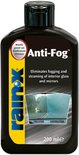 Zwarte fles Rain-X Anti-Fog 200ml. Met gele strip met logo en tekst. Toont een afbeelding van een beslagen autoruit naast een heldere.