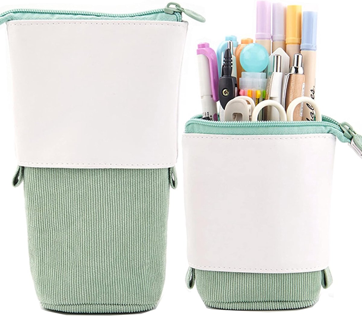 Uitschuifbaar Etui van PU en Corduroy - Retractable Opvouwbare Pencil Case - Grote Capaciteit - Voor Kantoor, School en Reizen - Groen