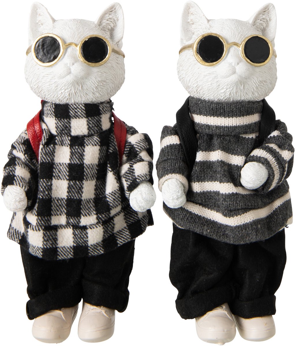 J-Line figuur Kat Geruit + Gestreept - polyresin - zwart/wit - small - 2 stuks