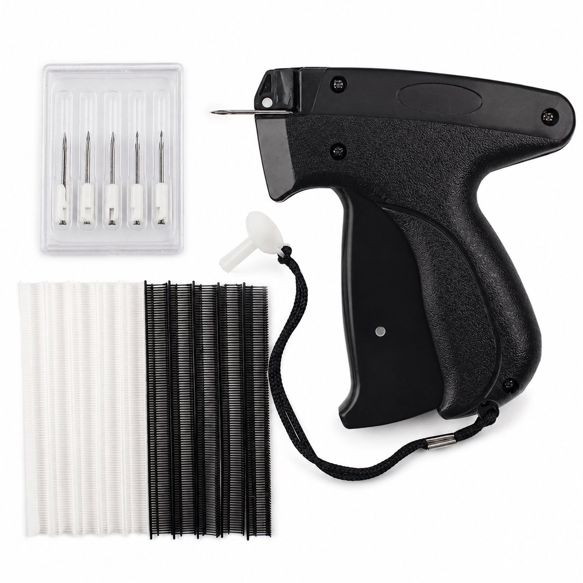 Kledingreparatiepistool – Handgereedschap voor kledingreparatie – Snelgereedschap voor kledingreparatie – Draagbaar mini-naaigereedschap – Kledinglabelpistool – Zwart (inclusief 5 naalden + 5 mm zwarte en witte naalden met 1000 draden per inch)