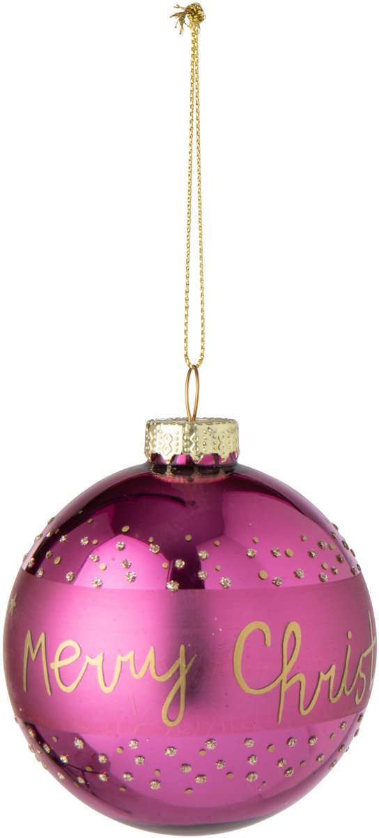 J-Line Kerstbal Merry Christmas - glas - fuchsia - set van 24