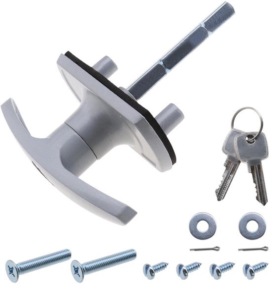 Garagedeurslot T-handvat - Staal - Vierkante schacht - Inclusief 2 sleutels - Lengte spindel 75 mm - Gat tot gat 50 mm - Deurslot
