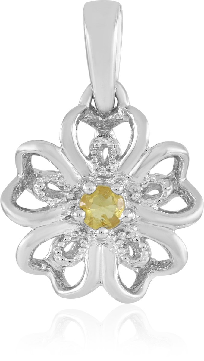 Cavill - Zilveren Hanger met 0,132 ct Gele Saffier - 925 Sterling Zilver Platina Gecoat - Bloemvormig Design met Zirkonia - Luxe Sieraden Dames