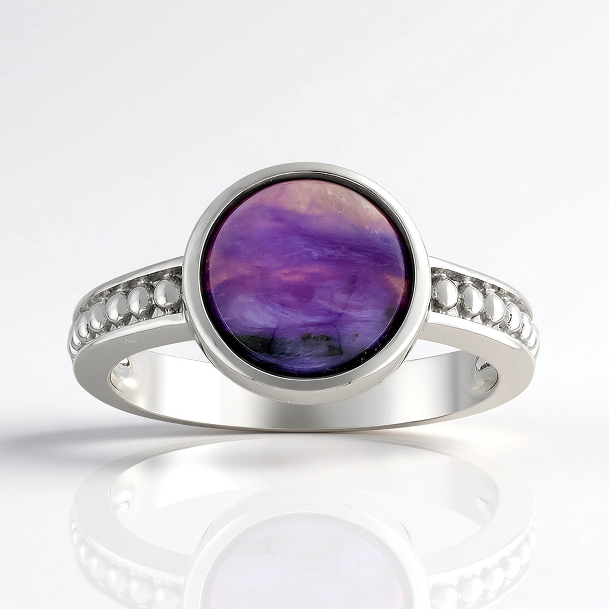 Cavill - Verstelbare Sterling Zilver Ring met 1,794 ct Paarse Charoite - Ronde Cabochon Edelsteen - Elegante Damesring Maat 16-21