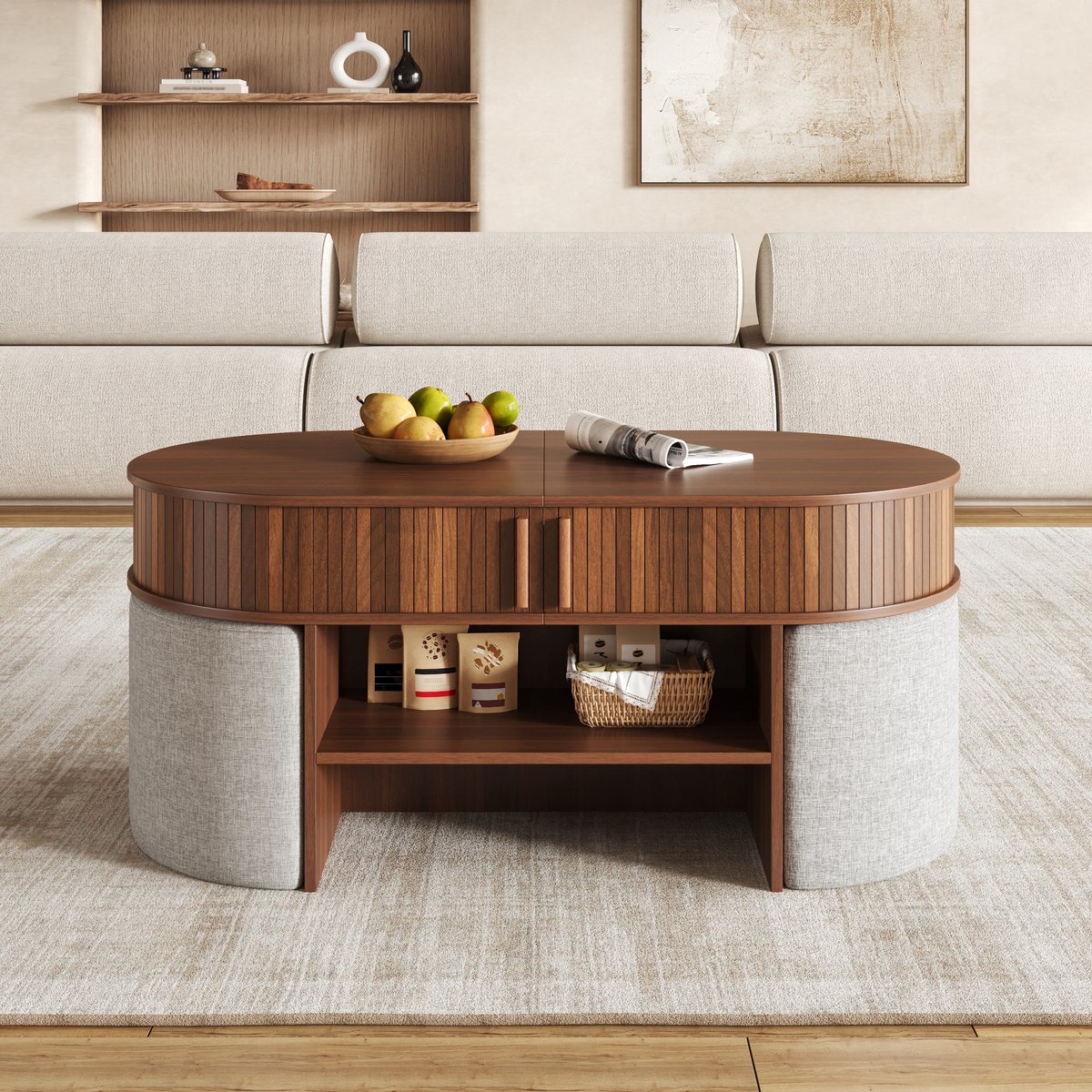 VVBV Salontafel - 120 x 60 x 51,5 cm, Walnoot, Ovaal, Schuifdeuren, Opbergruimte, MDF & Spaanplaat, voor Woonkamer