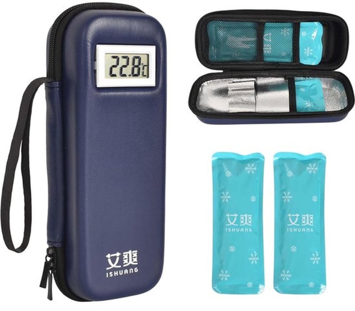 Medicijnkoeltas met Temperatuurweergave - Insulinekoeler - Diabetische Reiskoffer - Inclusief 2 Ijspakjes - Aluminiumfolie - Afmetingen 21*8*6cm