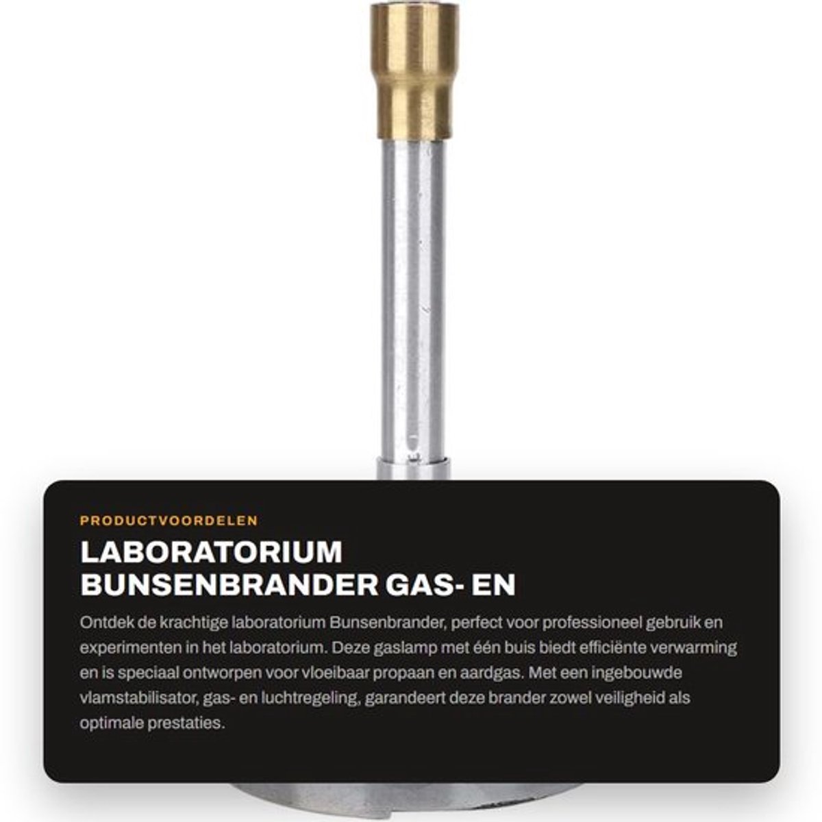 Bunsenbrander met Vlamstabilisator - Gas- en Luchtregeling - Laboratoriumverwarming - Efficiënte Verbranding - Veiligheidsvoorzieningen - Hoge Temperatuur - Gasbrander