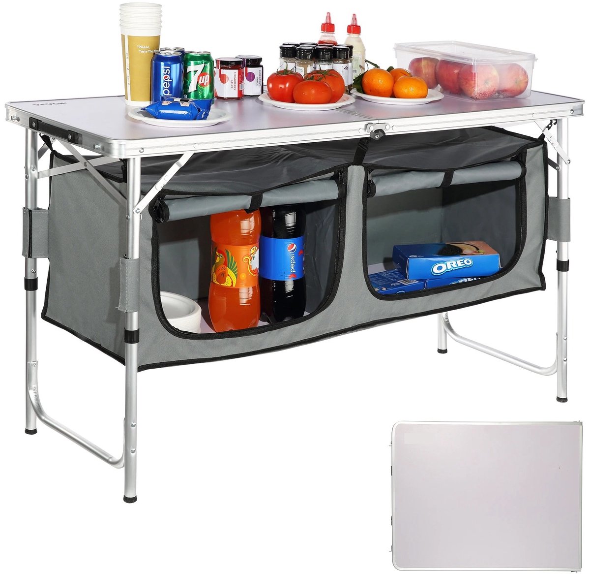 Lilac & Lily Inklapbare Kampeertafel - Campingtafel met vakken - Verstelbare hoogte - Tafeltje voor kamperen of vissen - 120 cm