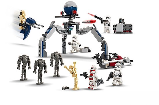 LEGO Star Wars speelset met de Super Battle Droid, Battle Droids, Clone Troopers en een speeder.