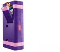 Paars en roze LEGO boekensteun met Woody die uit de geopende bovenkant piept.