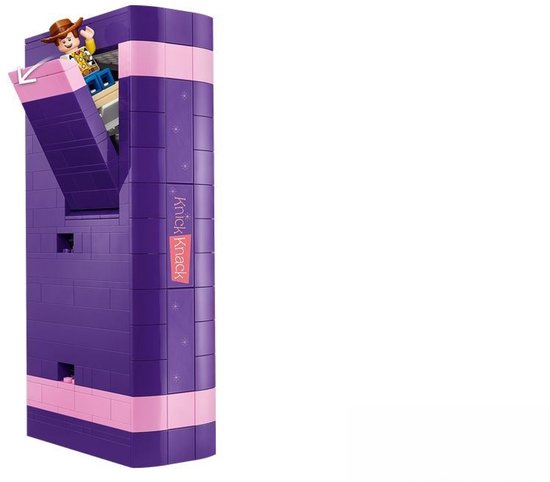 Paars en roze LEGO boekensteun met Woody die uit de geopende bovenkant piept.