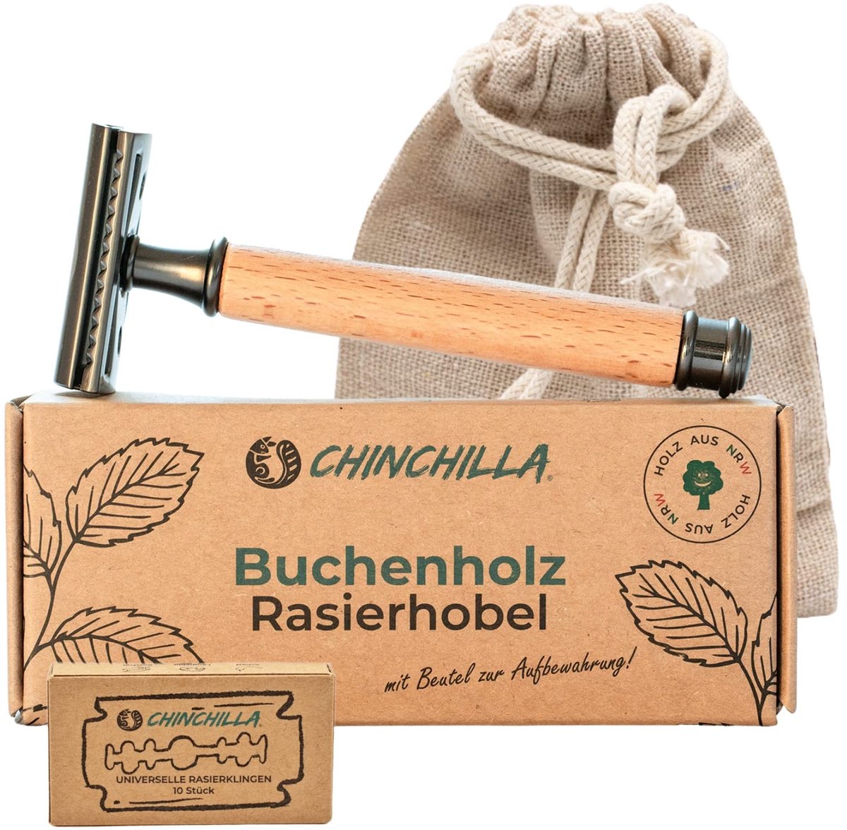 SnelShoppen - Chinchilla Beuken Scheermes voor Mannen en Vrouwen | Duurzaam en Plasticvrij | Inclusief 10 Scheermesjes en Etui | Ideaal voor Thuis en