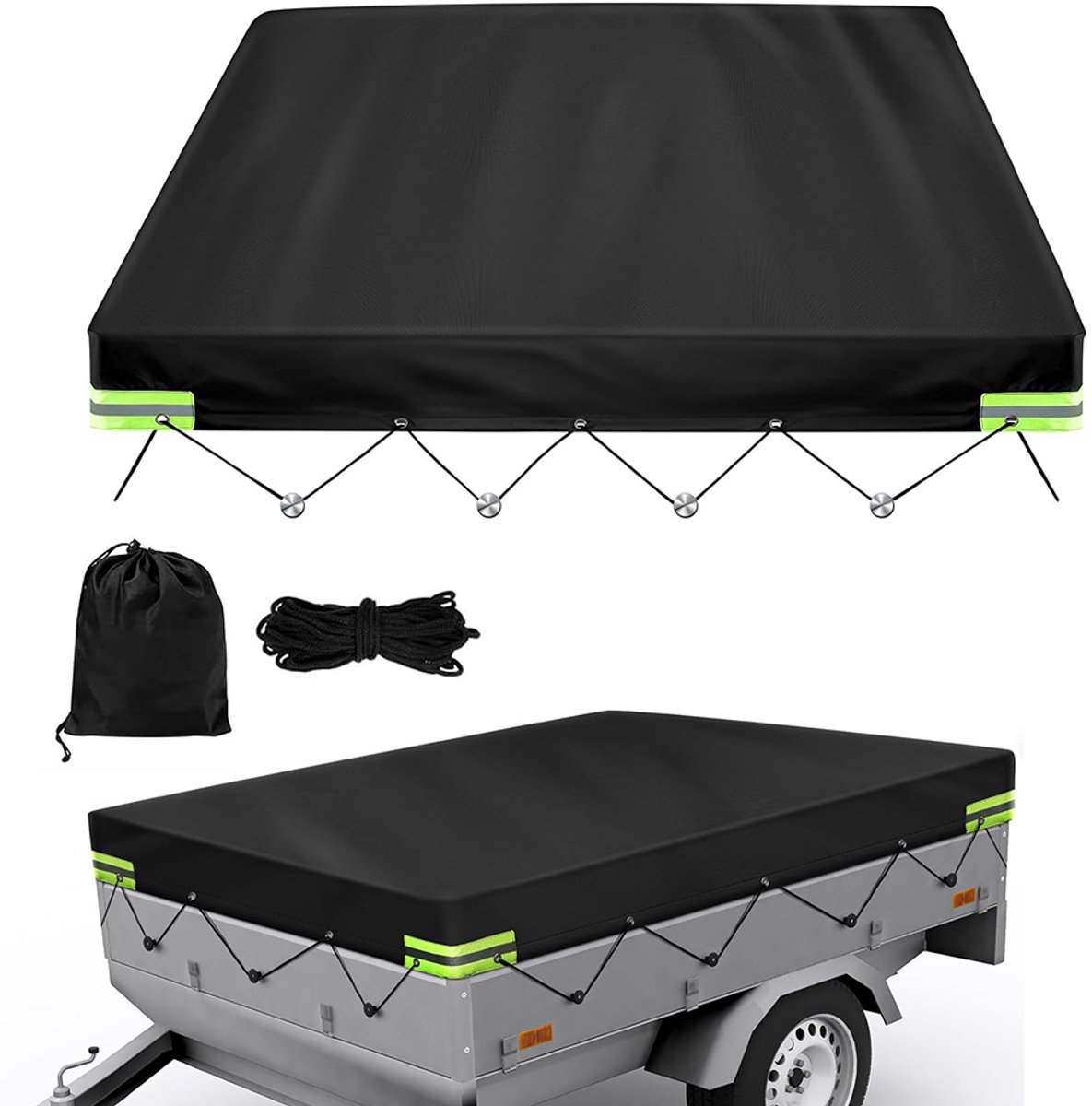 Waterdichte trailerhoes - Trailerzeil voor Stema autotrailers - met 8 meter elastisch touw - 258x136x10cm - 420D zilverkleurig gecoat - met reflecterende strips - veilig en betrouwbaar - Zwart