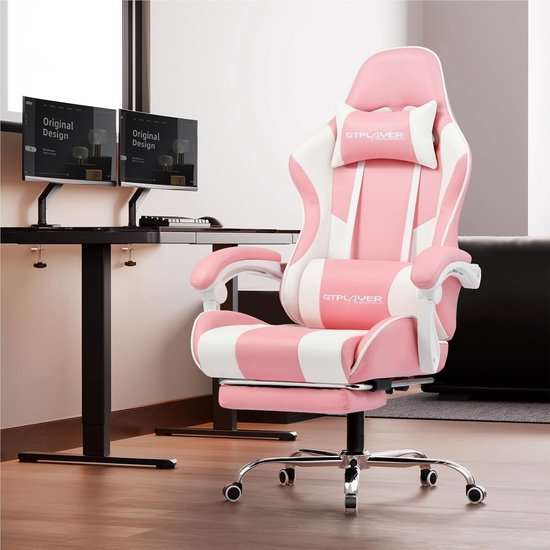 Bureaustoel met Massage - Gamerstoel Ergonomisch - Comfortabel Zitten - Ingebouwde Voetensteun - 135 cm Hoog - Roze — afbeelding 4