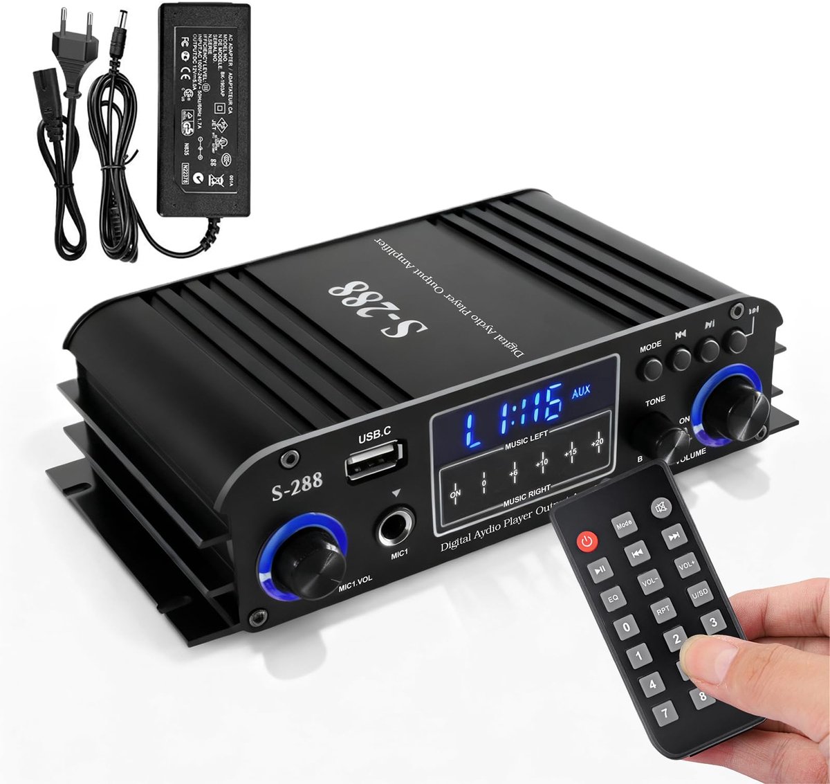 SnelShoppen - 4-kanaals versterker 1200W Bluetooth 5.0 audio vermogensversterker met USB/microfoon/FM, 30Wx4 voor thuis en auto met afstandsbediening
