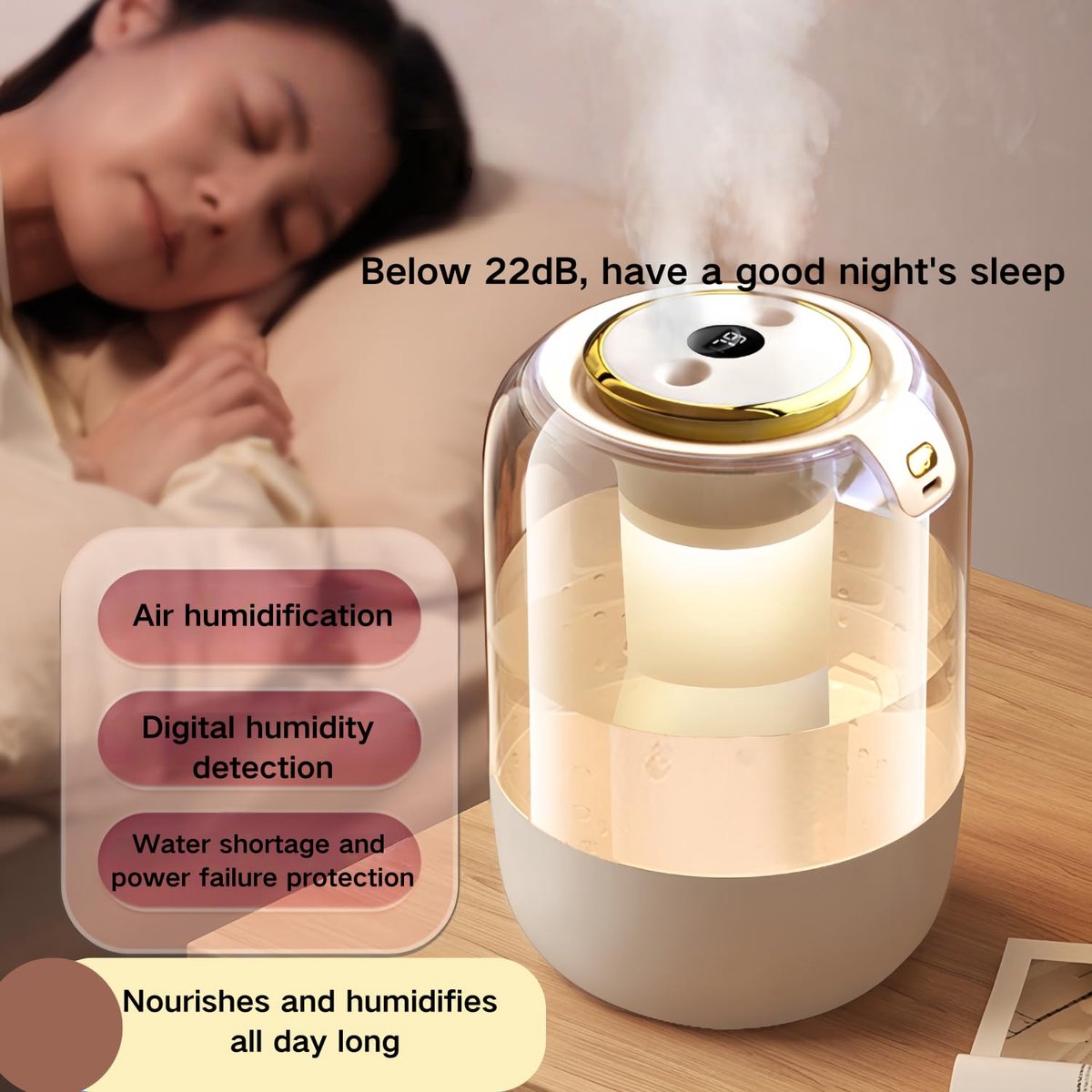 SnelShoppen - Valtreecho Luchtbevochtiger 2L voor Slaapkamer met Sensor, Ultrastille 22dB Cool Mist Bevochtiger met Nachtlampje voor Thuis, Planten en