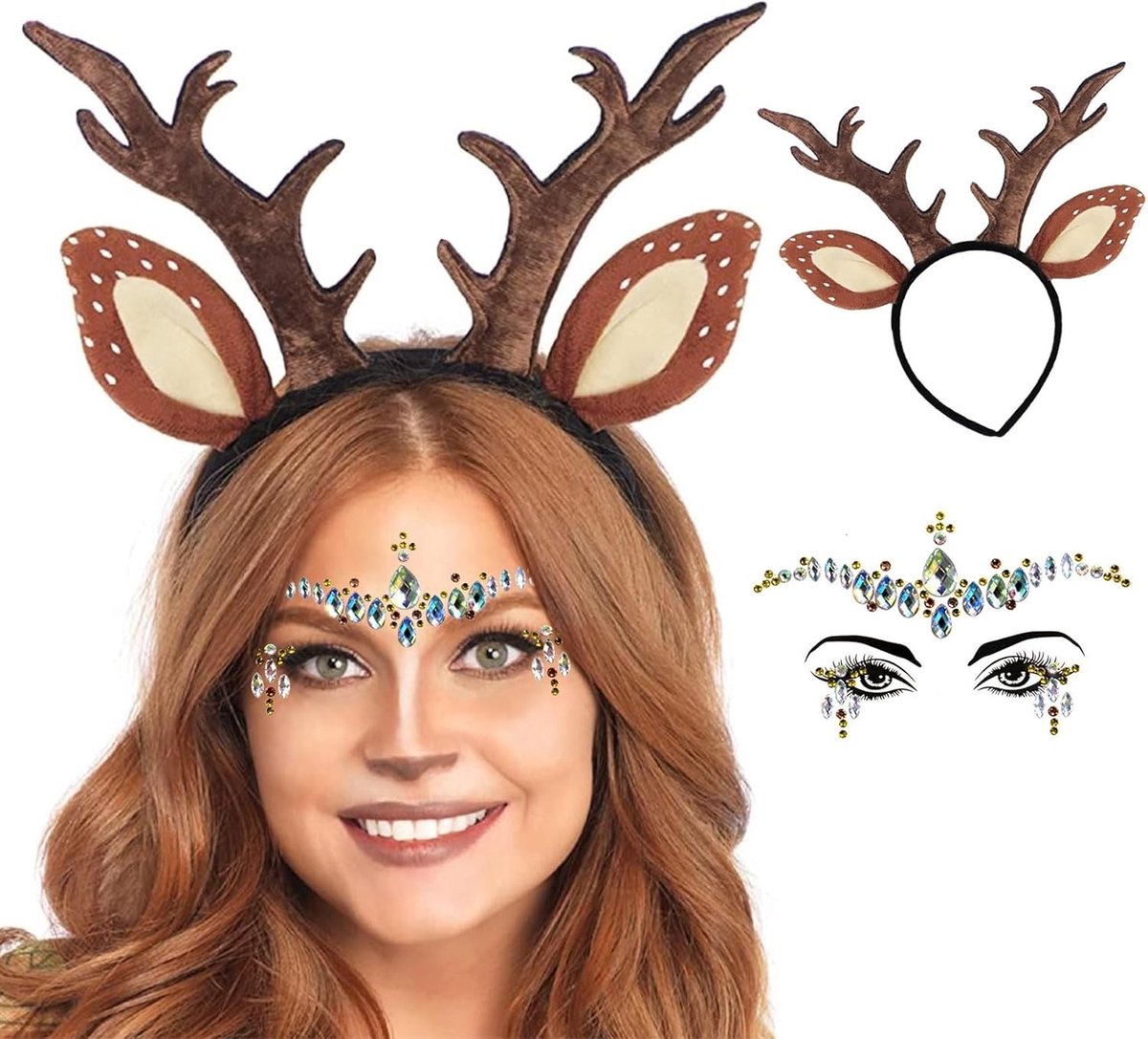 Hoofdband met Hertenoren voor Vrouwen en Meisjes, Perfect voor Carnaval en Halloween Feestkostuum met Gezichtstatoeage