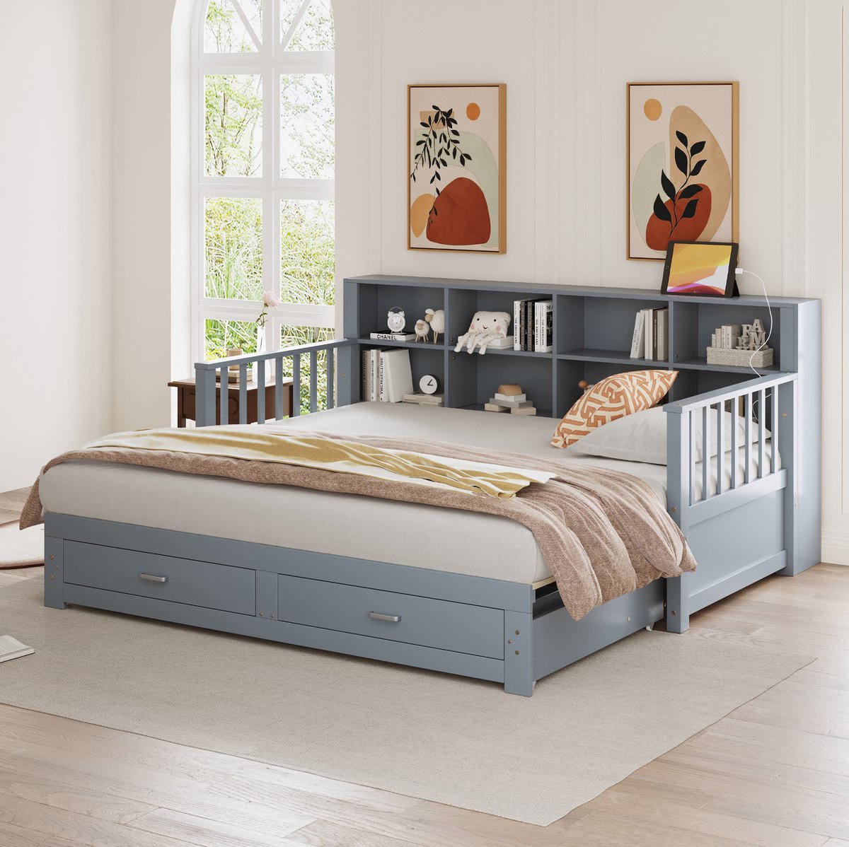 COVREO Bed 90x190 cm – grijs hout, uitschuifbaar, zonder matras