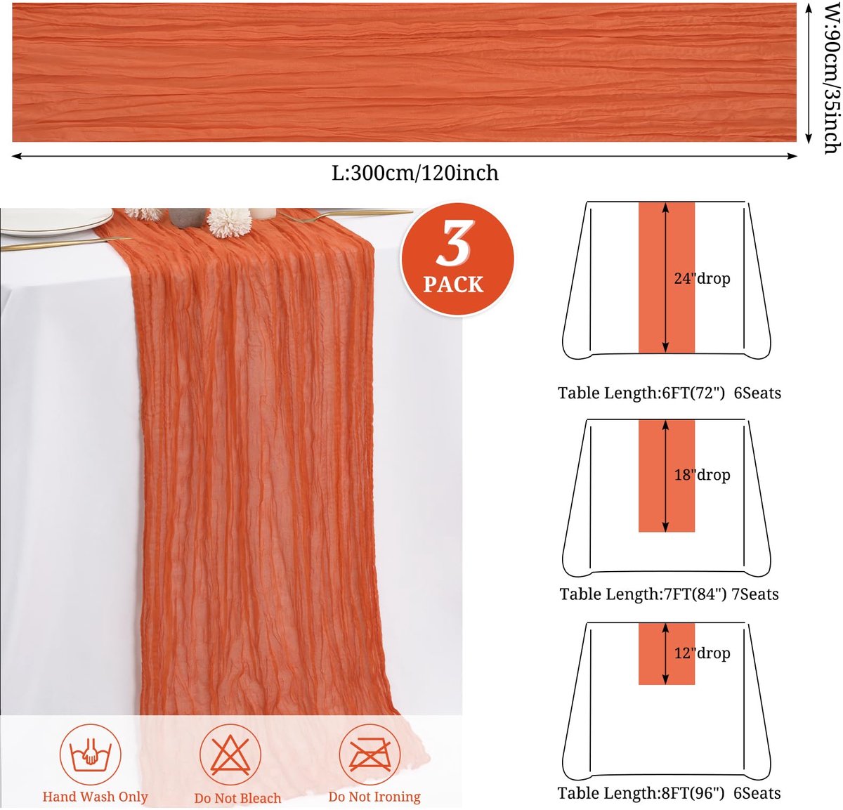 SnelShoppen - FXKS Tafelloper 3 stuks Oranje 90 x 300 cm Rustiek Gaas Boho-Tafelloper Kaasdoek Tafelkleed Bruiloft Bruidsfeest Banket Tuin Feest