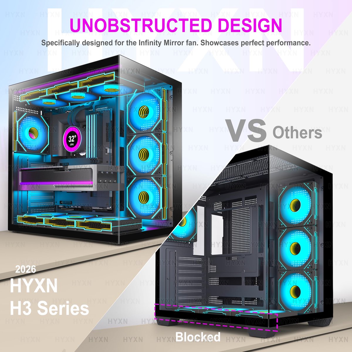 SnelShoppen - HYXN H1 ATX PC-behuizing met 7 ARGB ventilatoren, dubbele kamer, mid tower, type C, 3 x 360 mm koeler ondersteuning, gaming pc-behuizing