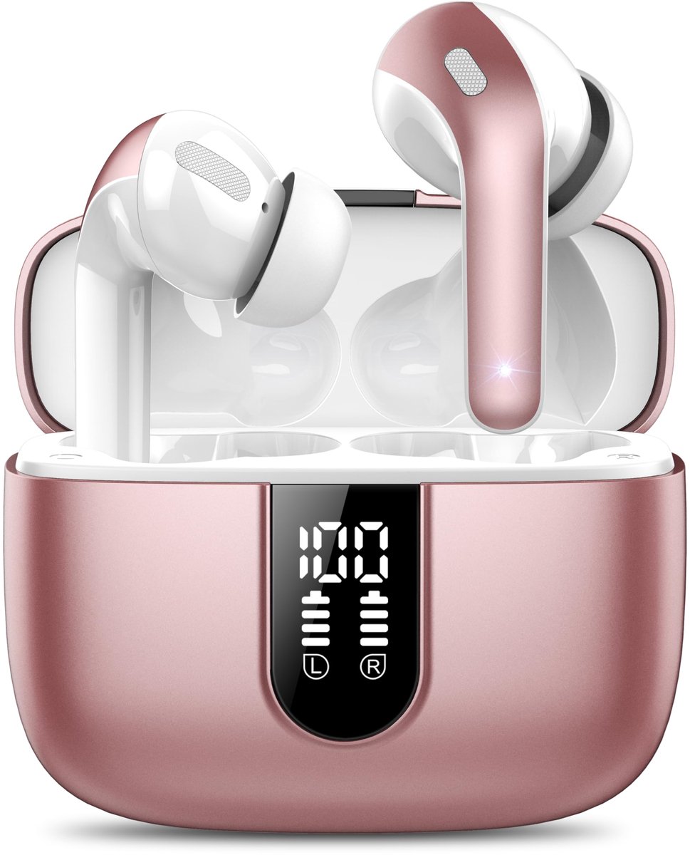 SnelShoppen - Draadloze Oordopjes Bluetooth 5.3 met 50 Uur Speeltijd, 4 ENC Noise Cancelling Microfoons, IPX7 Waterdicht in Classic Roségoud - Ideaal