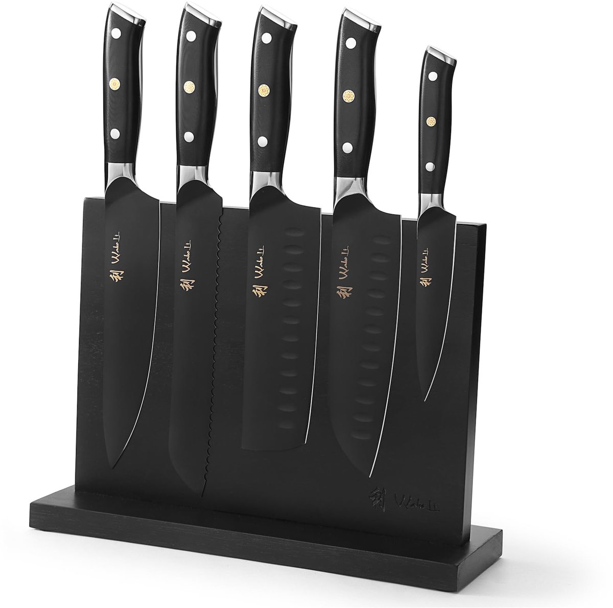 SnelShoppen - 5-delige Titanium Noir messenset met messenblok, hoogwaardige keukenmessen 12,5-21 cm, RVS, zwart, ideaal voor koken, snijden, en bereid