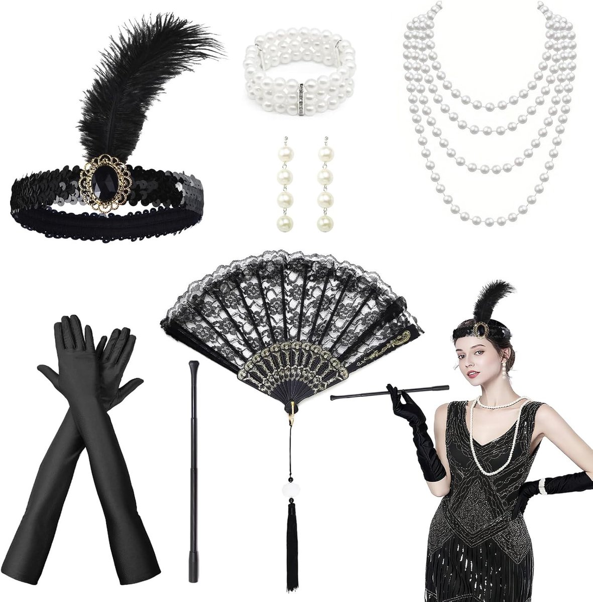 Elegante jaren 20 kostuumset voor dames, inclusief armband, oorbellen, parelketting, handschoenen en hoofdtooi voor een Gatsby-themafeest