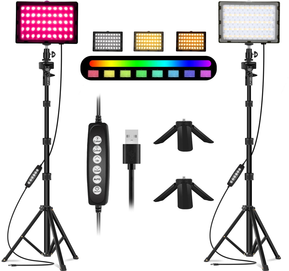 SnelShoppen - 2 Pack RGB Videolamp LED met USB, Verstelbaar Statief voor Creatieve Verlichting, Fotografie, Video, Feest, Thuisstudio, Multicolor