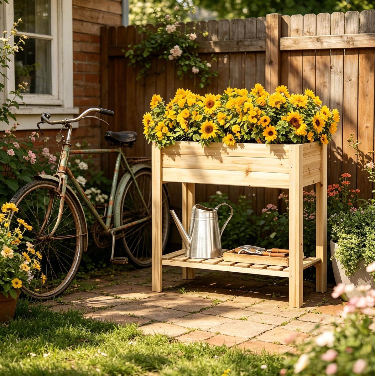 Moestuinbak Verhoogd 80 x 40 x 75 cm Met Opbergrek Massief Hout Houtkleur Voor Kruiden, Groenten En Bloemen Op Balkon, Terras En Tuin