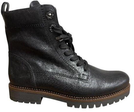 Glimmende zwarte leren enkellaars met veters, met dikke zool.