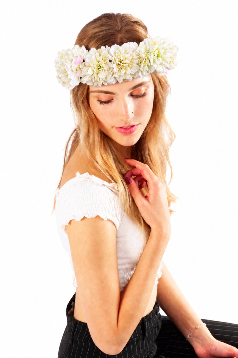 KIMU® Grote Ibiza Witte Bloemenkrans - Haar Wit Bloemen Haarband Bloem - Tropical Exotisch Jungle Safari Zomer Hibiscus Hawaii Hula Festival