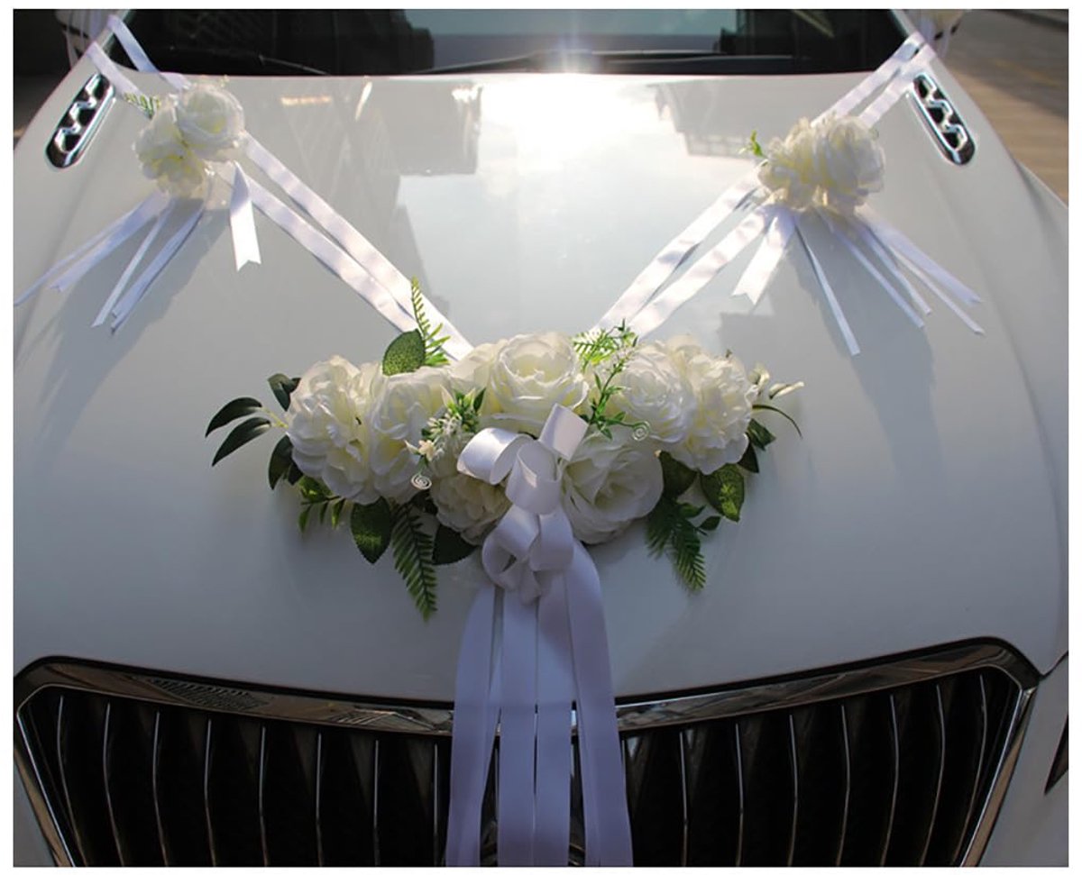 SnelShoppen - Witte Zijde Bloemen Slinger voor Auto Decoratie - Bruiloft Versiering met Rozen - Set voor Motorkap, Deurgreep en Achterspiegel - Luxe B