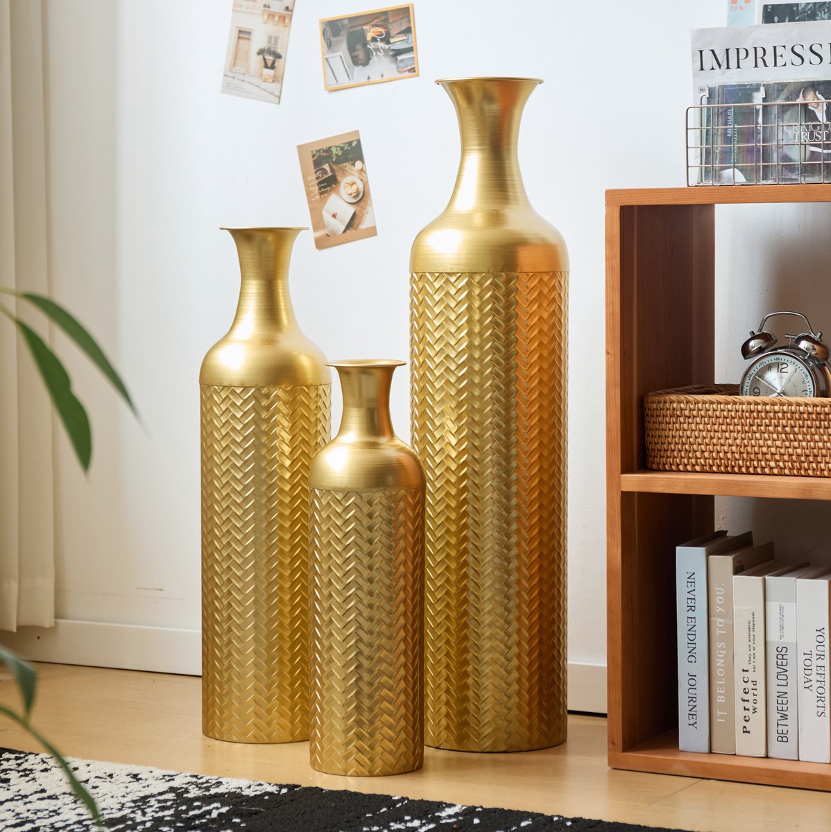 MODENUIT Vaas – 3-Delige Vloervazen – 50/66/83 cm – Metaal – Goud – Structuurpatroon Voor Binnen
