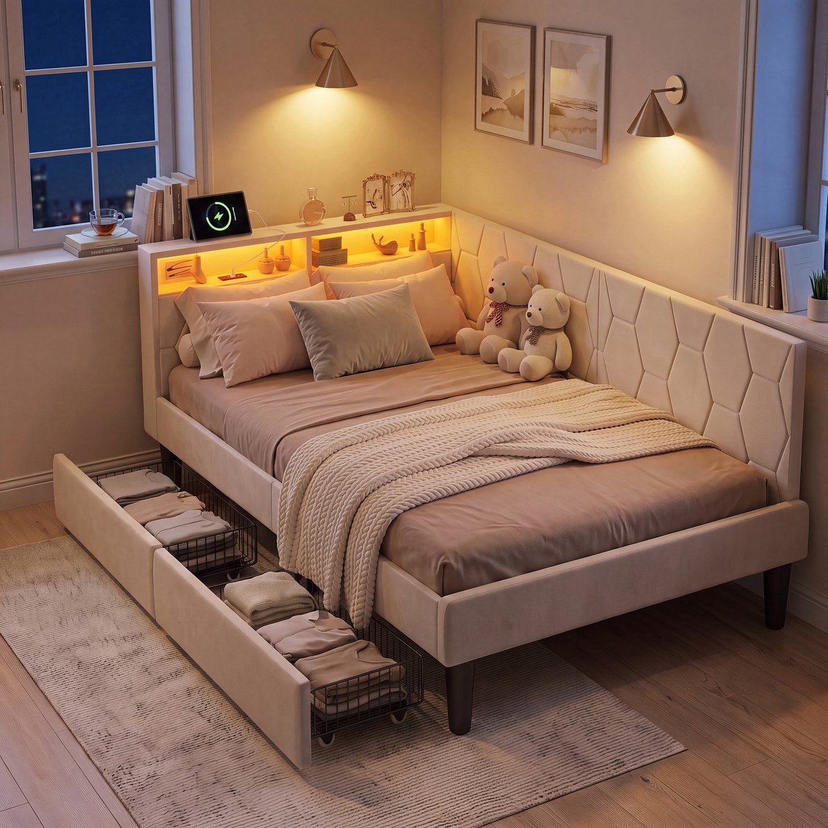 SHOPENTRA 2-in-1 Bedbank 90x200 cm Beige Fluweel – Opbergbed met 2 Lades, LED Hoofdbord, USB & Type-C Poorten en Lattenbodem