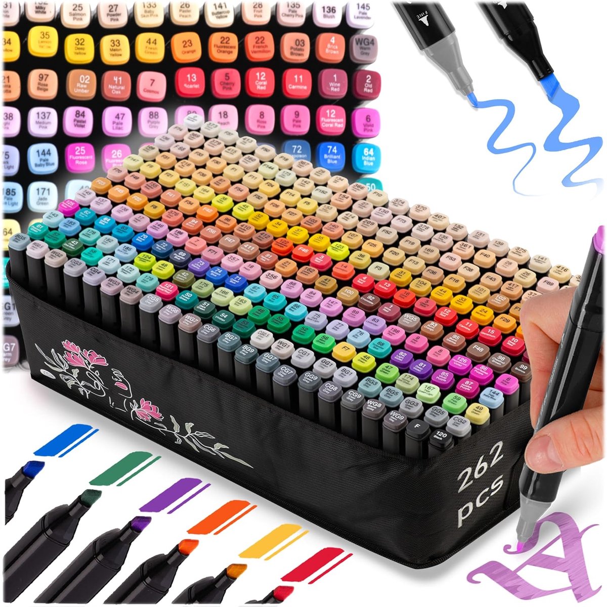 SnelShoppen - Dubbelzijdige Waterdichte Alcohol Marker Viltstiften Set met Tas, 262 Stuks, Creatief Kleurmateriaal voor Kinderen en Volwassenen, Ideaa