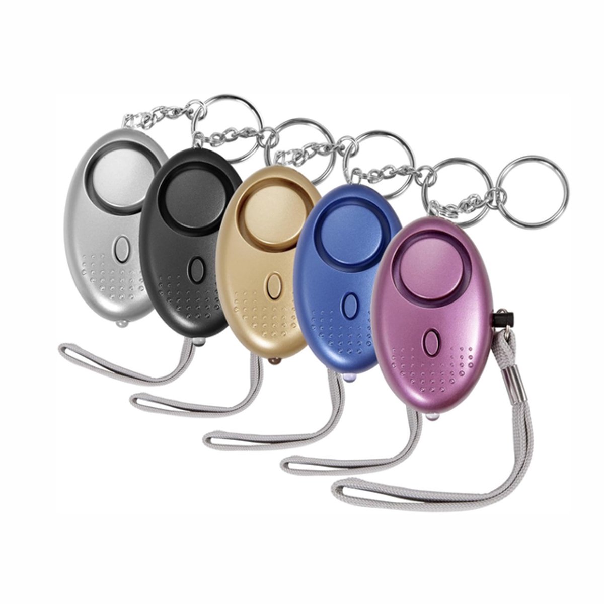 5-delige persoonlijke alarmset - Alarm sleutelhanger - Alarm met LED-zaklamp - Draagbaar inbraakalarm - 130 dB alarm - ABS - Zwart/Goud/Grijs/Blauw/Paars