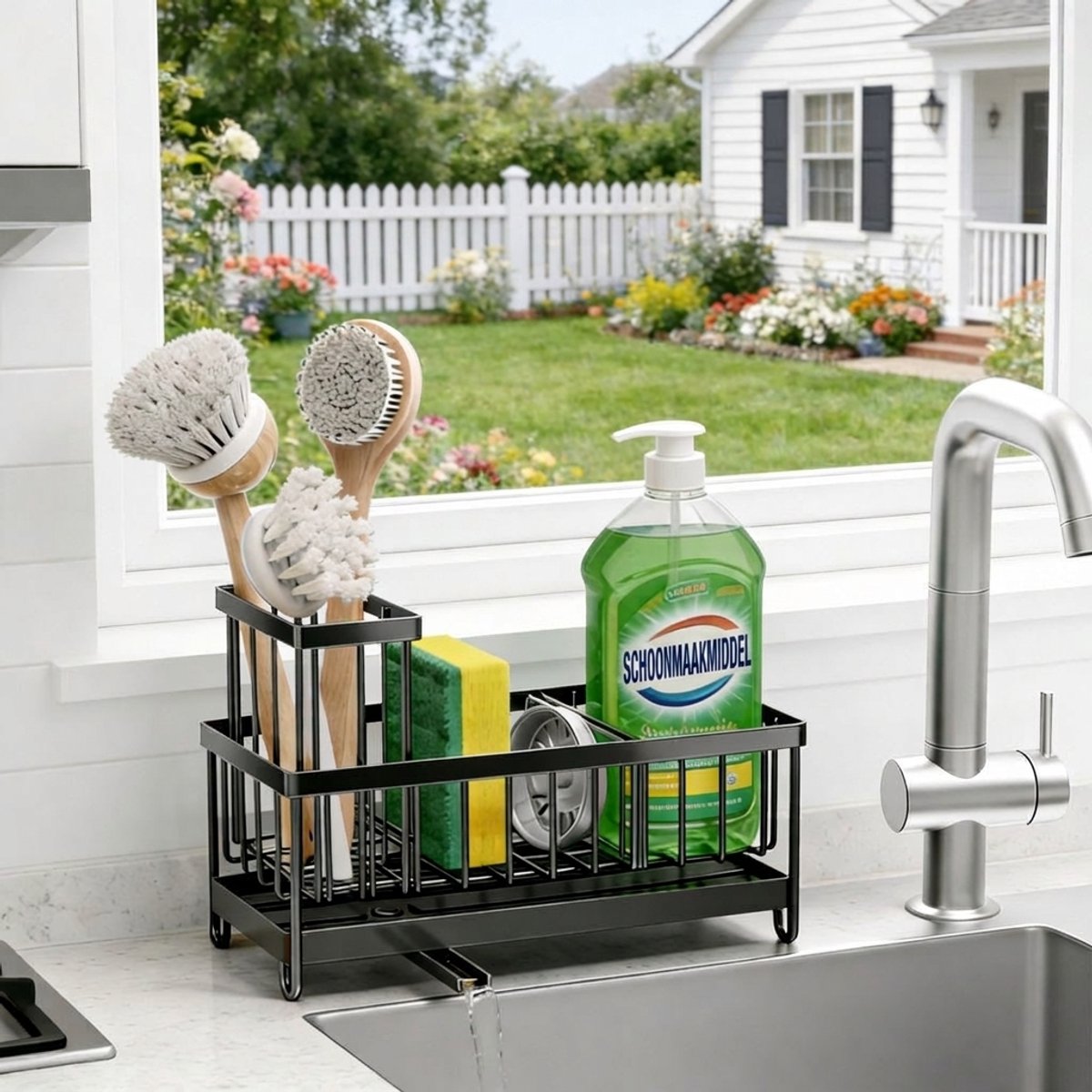 Metalen gootsteen caddy – sponshouder met borstelhouder, sneldrogend afdruiprek, zwart, voor keuken en badkamer