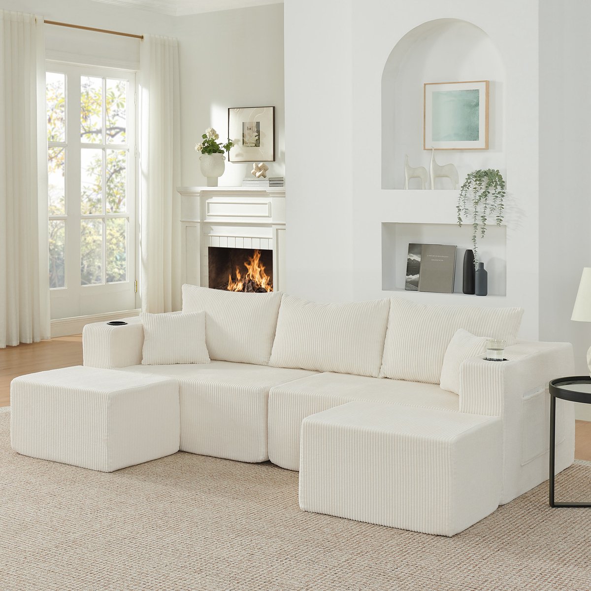 OKWISH Hoekbank - 3-Zits Modulaire L-Vorm Met Verplaatsbare Ottomanen - Bekerhouders, Zijvakken En Kussens - Cordstof - Beige
