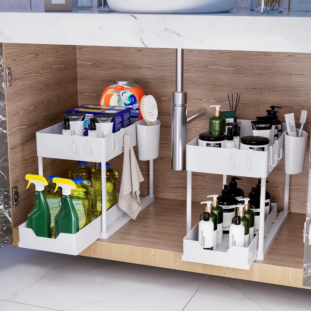 SnelShoppen - Puricon Opbergrek voor Onder de Gootsteen, Multifunctionele Keukenopberger met 2 Niveaus en Uitschuiflade, Wit - Perfect voor Badkamer,