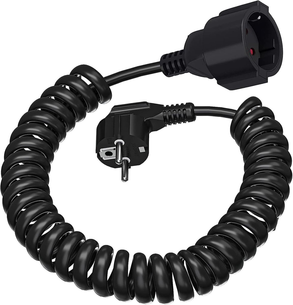 Verlengsnoer met Spiraalvorm, 3 m, 13A 3250W max, 3x1.0mm², PVC/PU, Zwart - Uitschuifbaar van 0.8 m tot 3 m, Ideaal voor Thuisgebruik en Kantoor